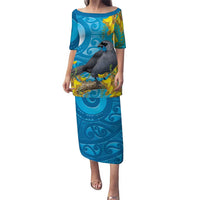New Zealand Kokako Bird Puletasi Maori Koru With Kowhai Flowers LT05 Long Dress Aqua - Polynesian Pride