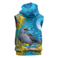New Zealand Kokako Bird Sleeveless Hoodie Maori Koru With Kowhai Flowers - Polynesian Pride
