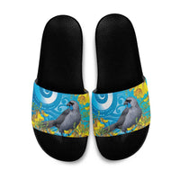 New Zealand Kokako Bird Slide Sandals Maori Koru With Kowhai Flowers LT05 Aqua - Polynesian Pride