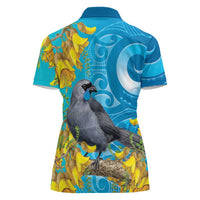 New Zealand Kokako Bird Women Polo Shirt Maori Koru With Kowhai Flowers LT05 - Polynesian Pride