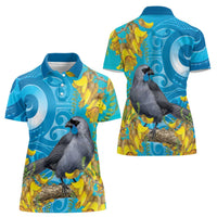 New Zealand Kokako Bird Women Polo Shirt Maori Koru With Kowhai Flowers LT05 - Polynesian Pride