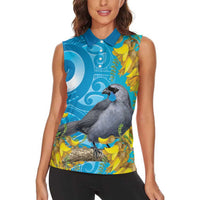 New Zealand Kokako Bird Women Sleeveless Polo Shirt Maori Koru With Kowhai Flowers LT05 - Polynesian Pride