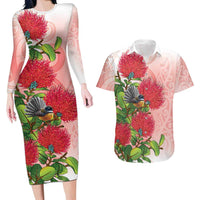 New Zealand Fantail Couples Matching Long Sleeve Bodycon Dress and Hawaiian Shirt Maori Koru With Pohutukawa Flowers LT05 Red - Polynesian Pride