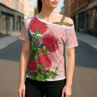 New Zealand Fantail Cross Shoulder Shirt Maori Koru With Pohutukawa Flowers - Polynesian Pride
