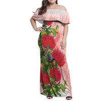 New Zealand Fantail Family Matching Off Shoulder Maxi Dress and Hawaiian Shirt Maori Koru With Pohutukawa Flowers