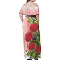 New Zealand Fantail Family Matching Off Shoulder Maxi Dress and Hawaiian Shirt Maori Koru With Pohutukawa Flowers