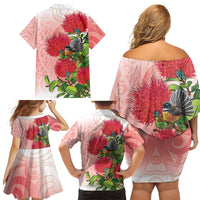 New Zealand Fantail Family Matching Off Shoulder Short Dress and Hawaiian Shirt Maori Koru With Pohutukawa Flowers