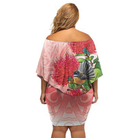 New Zealand Fantail Family Matching Off Shoulder Short Dress and Hawaiian Shirt Maori Koru With Pohutukawa Flowers