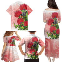 New Zealand Fantail Family Matching Puletasi and Hawaiian Shirt Maori Koru With Pohutukawa Flowers