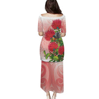 New Zealand Fantail Family Matching Puletasi and Hawaiian Shirt Maori Koru With Pohutukawa Flowers