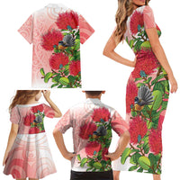 New Zealand Fantail Family Matching Short Sleeve Bodycon Dress and Hawaiian Shirt Maori Koru With Pohutukawa Flowers