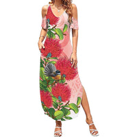 New Zealand Fantail Family Matching Summer Maxi Dress and Hawaiian Shirt Maori Koru With Pohutukawa Flowers