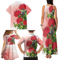 New Zealand Fantail Family Matching Tank Maxi Dress and Hawaiian Shirt Maori Koru With Pohutukawa Flowers