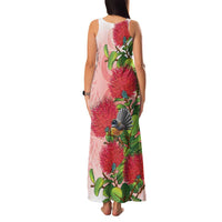 New Zealand Fantail Family Matching Tank Maxi Dress and Hawaiian Shirt Maori Koru With Pohutukawa Flowers
