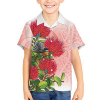 New Zealand Fantail Kid Hawaiian Shirt Maori Koru With Pohutukawa Flowers - Polynesian Pride