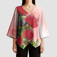 New Zealand Fantail Kimono Sleeve Blouse Maori Koru With Pohutukawa Flowers LT05 - Polynesian Pride