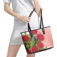 New Zealand Fantail Leather Tote Bag Maori Koru With Pohutukawa Flowers - Polynesian Pride