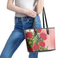 New Zealand Fantail Leather Tote Bag Maori Koru With Pohutukawa Flowers - Polynesian Pride