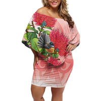 New Zealand Fantail Off Shoulder Short Dress Maori Koru With Pohutukawa Flowers - Polynesian Pride