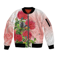 New Zealand Fantail Sleeve Zip Bomber Jacket Maori Koru With Pohutukawa Flowers LT05 Unisex Red - Polynesian Pride