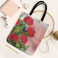 New Zealand Fantail Tote Bag Maori Koru With Pohutukawa Flowers LT05 Black Strap One Size Red - Polynesian Pride
