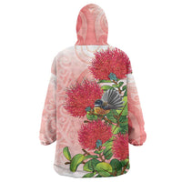 New Zealand Fantail Wearable Blanket Hoodie Maori Koru With Pohutukawa Flowers LT05 - Polynesian Pride