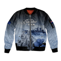 New Zealand ANZAC Day Sleeve Zip Bomber Jacket HMNZS Achilles We Will Remember Them LT05 Unisex Blue - Polynesian Pride