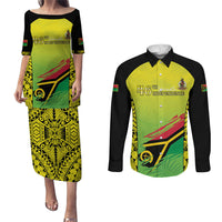 Vanuatu 46th Independence Couples Matching Puletasi and Long Sleeve Button Shirt Special Style LT05 Yellow - Polynesian Pride