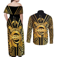 Vanuatu 45th Anniversary Of Independence Couples Matching Off Shoulder Maxi Dress and Long Sleeve Button Shirt Gold Style - Polynesian Pride