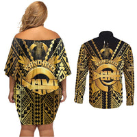 Vanuatu 45th Anniversary Of Independence Couples Matching Off Shoulder Short Dress and Long Sleeve Button Shirt Gold Style - Polynesian Pride