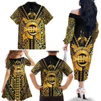 Vanuatu 45th Anniversary Of Independence Family Matching Off The Shoulder Long Sleeve Dress and Hawaiian Shirt Gold Style - Polynesian Pride
