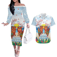 Hawaii And Japan Okinawa Couples Matching Off The Shoulder Long Sleeve Dress and Hawaiian Shirt Aloha Gozaimasu Tiki With Shisa LT05 Blue - Polynesian Pride