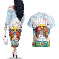 Hawaii And Japan Okinawa Couples Matching Off The Shoulder Long Sleeve Dress and Hawaiian Shirt Aloha Gozaimasu Tiki With Shisa LT05 - Polynesian Pride