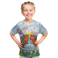 Hawaii And Japan Okinawa Kid T Shirt Aloha Gozaimasu Tiki With Shisa LT05 Blue - Polynesian Pride