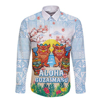 Hawaii And Japan Okinawa Long Sleeve Button Shirt Aloha Gozaimasu Tiki With Shisa