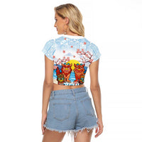 Hawaii And Japan Okinawa Raglan Cropped T Shirt Aloha Gozaimasu Tiki With Shisa LT05 - Polynesian Pride