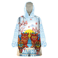 Hawaii And Japan Okinawa Wearable Blanket Hoodie Aloha Gozaimasu Tiki With Shisa LT05 One Size Blue - Polynesian Pride