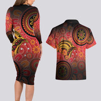 Papua New Guinea Couples Matching Long Sleeve Bodycon Dress and Hawaiian Shirt Birds Of Paradise With Aboriginal Pattern - Polynesian Pride