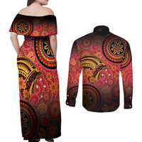 Papua New Guinea Couples Matching Off Shoulder Maxi Dress and Long Sleeve Button Shirt Birds Of Paradise With Aboriginal Pattern LT05 - Polynesian Pride