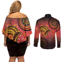 Papua New Guinea Couples Matching Off Shoulder Short Dress and Long Sleeve Button Shirt Birds Of Paradise With Aboriginal Pattern LT05 - Polynesian Pride