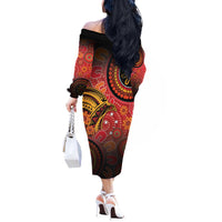 Papua New Guinea Off The Shoulder Long Sleeve Dress Birds Of Paradise With Aboriginal Pattern - Polynesian Pride