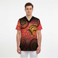 Papua New Guinea Scrub Top Birds Of Paradise With Aboriginal Pattern - Polynesian Pride
