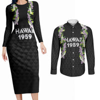 Hawaii Statehood Day Couples Matching Long Sleeve Bodycon Dress and Long Sleeve Button Shirt Kakau Pattern With Maile Pikake Honohono Lei
