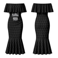 Hawaii Statehood Day Couples Matching Mermaid Dress and Long Sleeve Button Shirt Kakau Pattern With Maile Pikake Honohono Lei