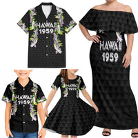 Hawaii Statehood Day Family Matching Off Shoulder Maxi Dress and Hawaiian Shirt Kakau Pattern With Maile Pikake Honohono Lei