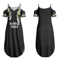 Hawaii Statehood Day Family Matching Summer Maxi Dress and Hawaiian Shirt Kakau Pattern With Maile Pikake Honohono Lei