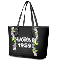 Hawaii Statehood Day Leather Tote Bag Kakau Pattern With Maile Pikake Honohono Lei