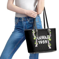 Hawaii Statehood Day Leather Tote Bag Kakau Pattern With Maile Pikake Honohono Lei
