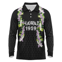 Hawaii Statehood Day Long Sleeve Polo Shirt Kakau Pattern With Maile Pikake Honohono Lei
