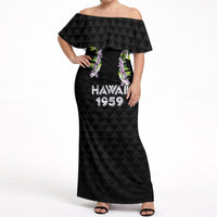 Hawaii Statehood Day Off Shoulder Maxi Dress Kakau Pattern With Maile Pikake Honohono Lei